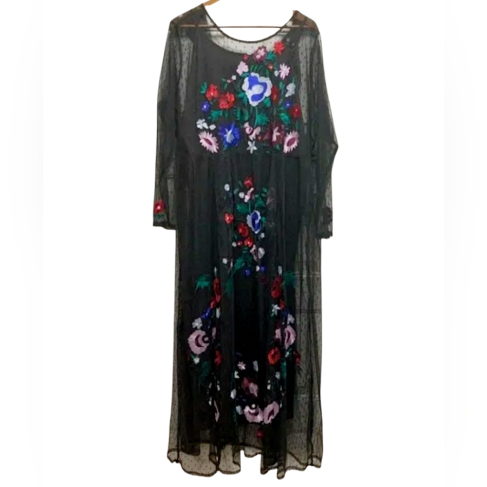 Curations Women's Large Embroidered Floral Sheer polkadot Whimsigoth Maxi‎ Dress